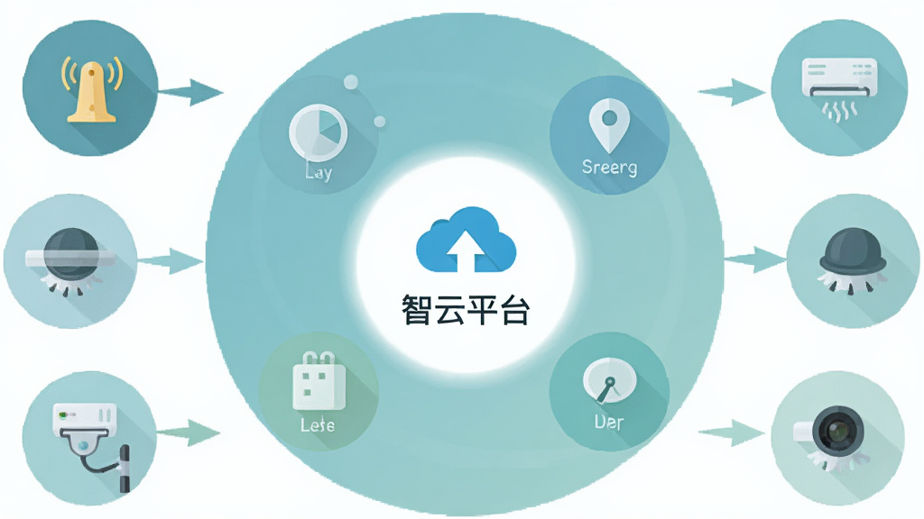画面展示一个圆形流程图,中心为“智云平台”图标,四周分布时间、位置、设备状态等触发条件图标,通过箭头指向灯光、空调、摄像头等执行动作图标,整体采用柔和的蓝绿色调,扁平化信息图风格,布局清晰,画质干净,无多余元素。