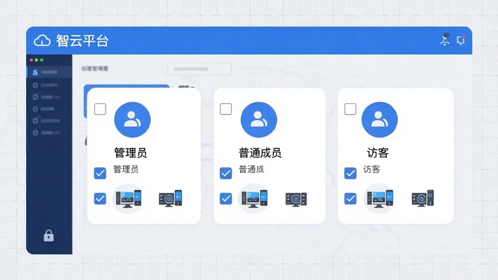 画面中央为“智云平台”权限管理界面示意图,显示管理员、普通成员、访客三种角色图标,每个角色旁有勾选框与设备图标,背景为淡灰色网格,风格简约商务,蓝白主色,布局整齐,画质干净,无多余装饰。