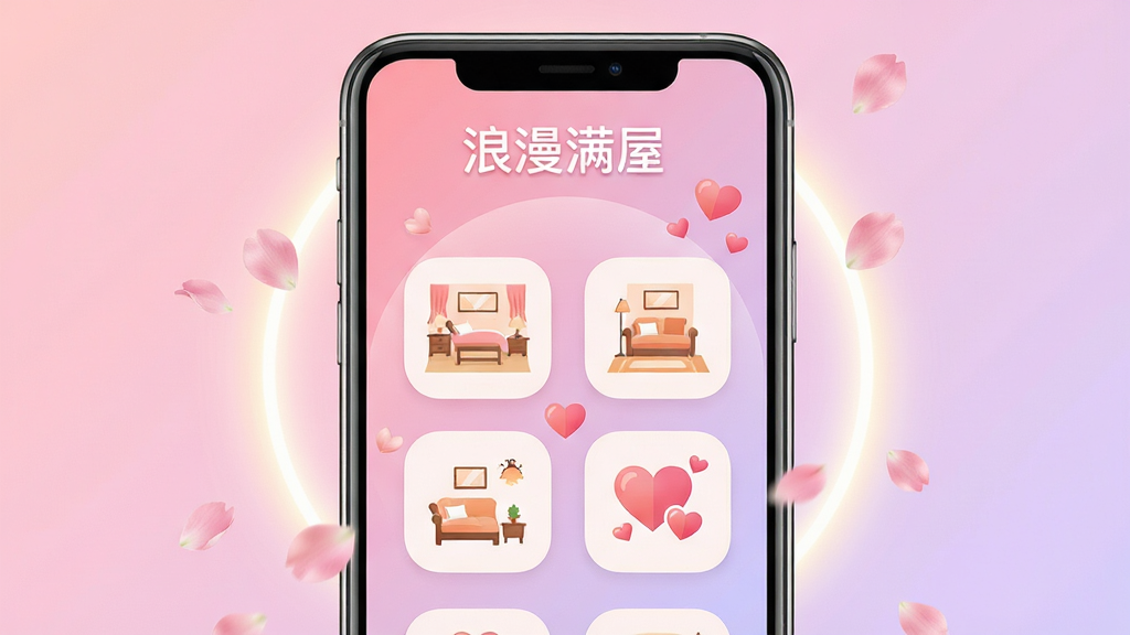 手机屏幕中央展示浪漫满屋应用主界面,界面采用粉色与浅紫色渐变背景,顶部有浪漫满屋文字标识,中部排列着温馨的房间布置图标和爱心元素,周围环绕柔和光晕与飘落的花瓣,整体布局简洁清晰,风格温馨治愈,细节精致干净,画质高清,画面干净无多余元素
