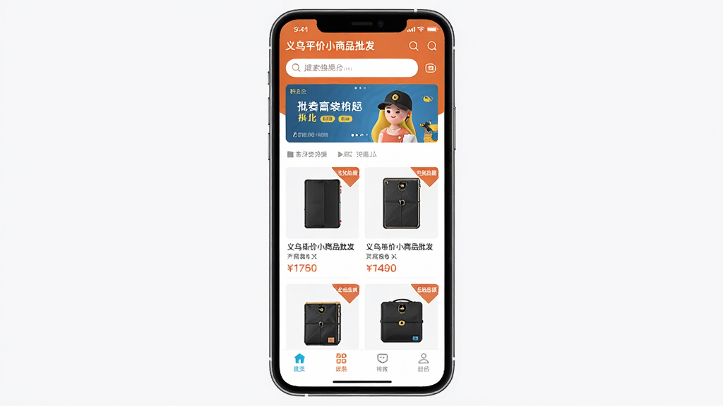 一款名为义乌平价小商品批发的手机应用界面展示图,主体为智能手机屏幕,屏幕上显示商品分类网格与批发价格标签,布局采用上下结构,上方为搜索栏与轮播横幅,下方为商品列表与底部导航栏,排版整齐清晰,风格为现代扁平化电商风,细节包含商品缩略图、价格数字、起批数量角标,画质高清,干净,无多余元素