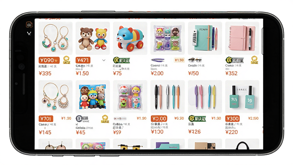 义乌平价小商品批发软件首页展示图,画面主体为手机屏幕内呈现密集的商品瀑布流,包含饰品、玩具、文具等缩略图,布局为两列网格排版,风格为明亮清新的电商界面,细节包含价格标签、起批量数字、厂家认证标识,画质清晰,干净,无多余元素