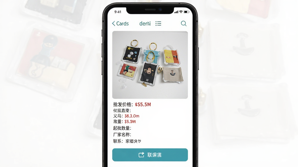 义乌平价小商品批发软件商品详情页截图,主体为手机屏幕显示一款小商品的特写图与价格信息,布局采用上图下文结构,排版简洁,风格为电商详情页风格,细节包含批发价格、起批数量、厂家名称、联系按钮,画质高清,干净,无多余元素