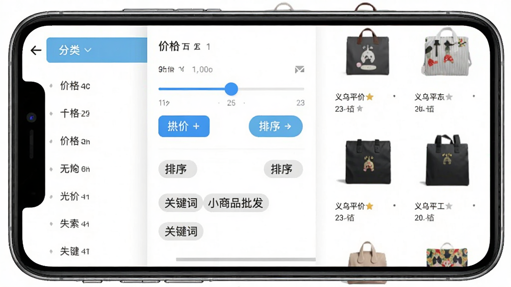 义乌平价小商品批发软件搜索筛选界面图,主体为手机屏幕展示分类筛选面板,布局为左侧分类列表与右侧商品结果双栏排版,风格为清爽工具类界面,细节包含价格滑块、排序按钮、关键词标签,画质清晰,干净,无多余元素