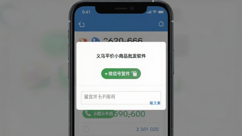 义乌平价小商品批发软件厂家联系页面截图,主体为手机屏幕显示联系方式弹窗,布局为居中卡片式排版,风格为简洁商务风,细节包含电话号码、微信号复制按钮、留言输入框,画质高清,干净,无多余元素