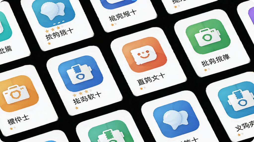 义乌平价小商品批发软件与同类应用对比示意图,主体为手机屏幕排列展示多个批发类应用图标,布局为网格排列,风格为简洁明快的科技风,细节包含应用图标、评分星标、名称标签,画质高清,干净,无多余元素