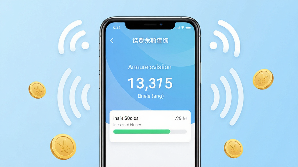一张展示智能手机屏幕的图片,屏幕中央显示话费余额查询实时流量软件的界面,界面上清晰呈现余额数字和流量进度条,背景为简洁的浅蓝色渐变,手机周围环绕着代表通讯信号的波纹图标和金币符号,整体风格清新现代,画质清晰,干净无多余元素