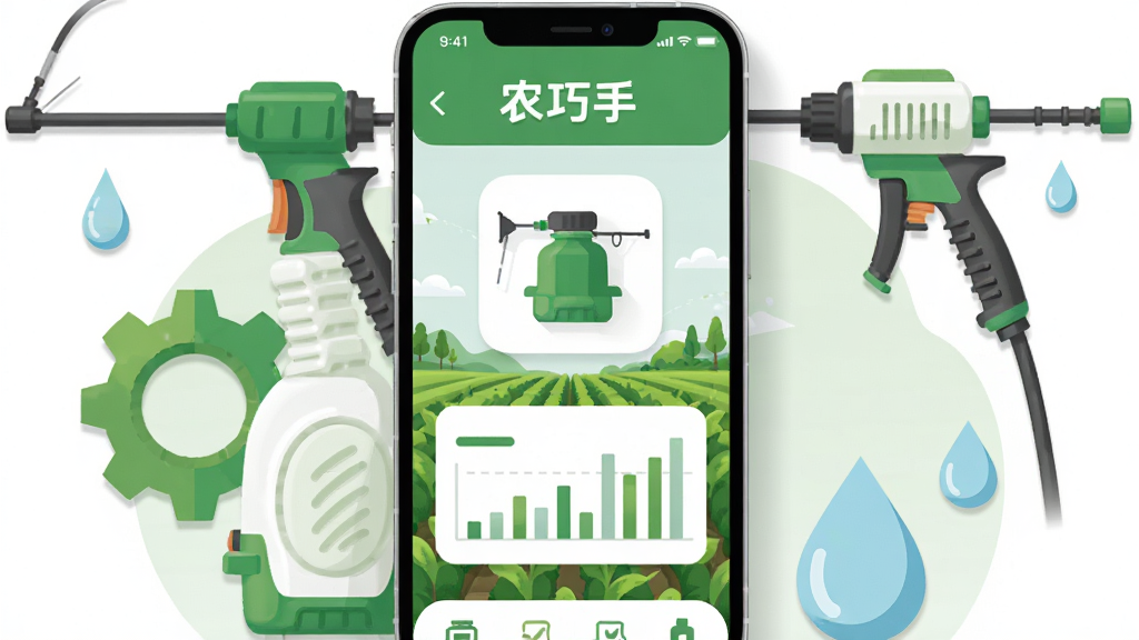 画面中央展示一部智能手机,手机屏幕上显示“农巧手”应用界面,界面中有电动喷雾器图标、数据图表和绿色农田背景;手机周围环绕着电动喷雾器、齿轮、水滴等农业元素;整体采用扁平化插画风格,绿色与白色为主色调,布局清晰,排版简洁;细节包括清晰的图标线条和柔和阴影;画质高清,干净,无多余元素