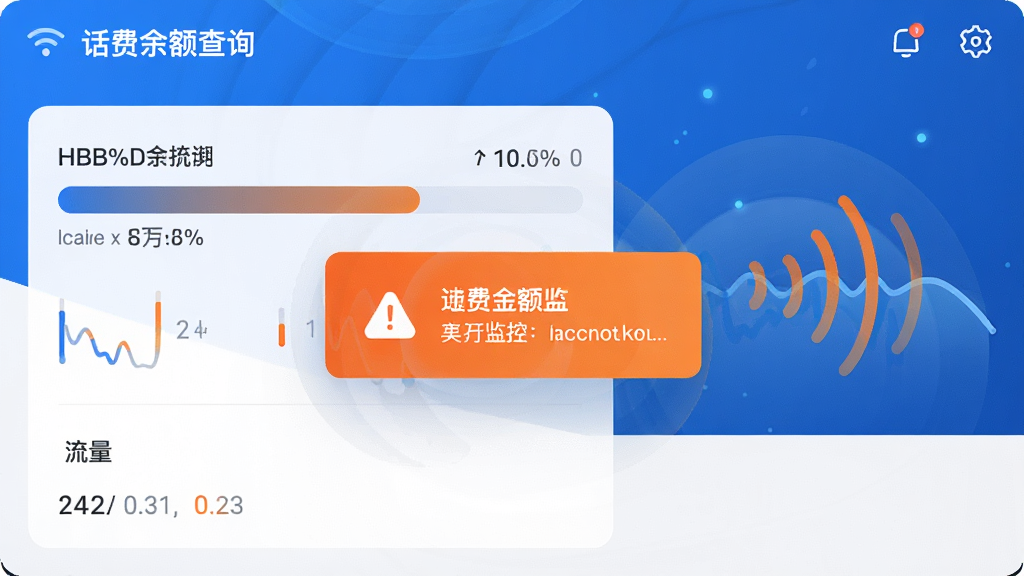 话费余额查询实时流量软件中的流量监控仪表盘界面,显示流量使用进度条和预警提示弹窗,背景有网络信号波纹,画质清晰,色彩以蓝色和橙色为主,干净整洁