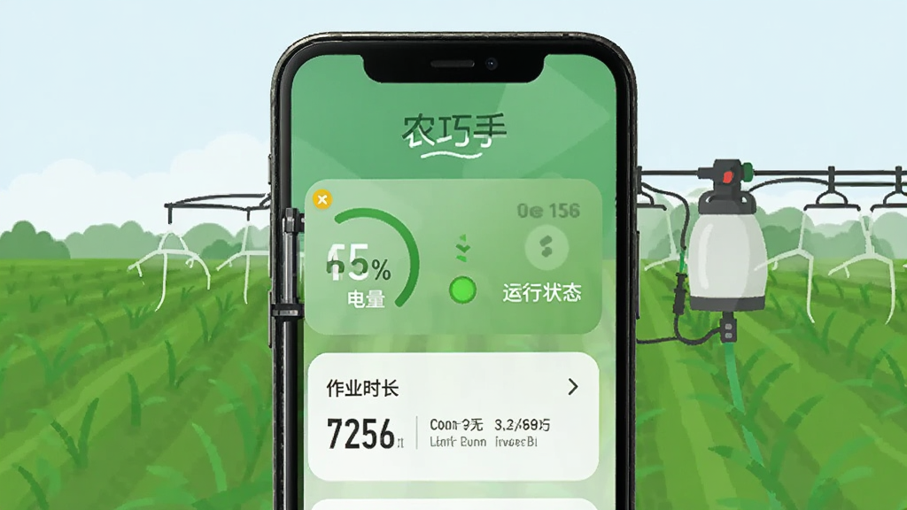 一部手机屏幕显示“农巧手”应用中的设备状态面板,面板上有电量百分比、运行状态指示灯、作业时长数据,背景是绿色农田和电动喷雾器轮廓,扁平化设计风格,高清画质,干净无多余元素