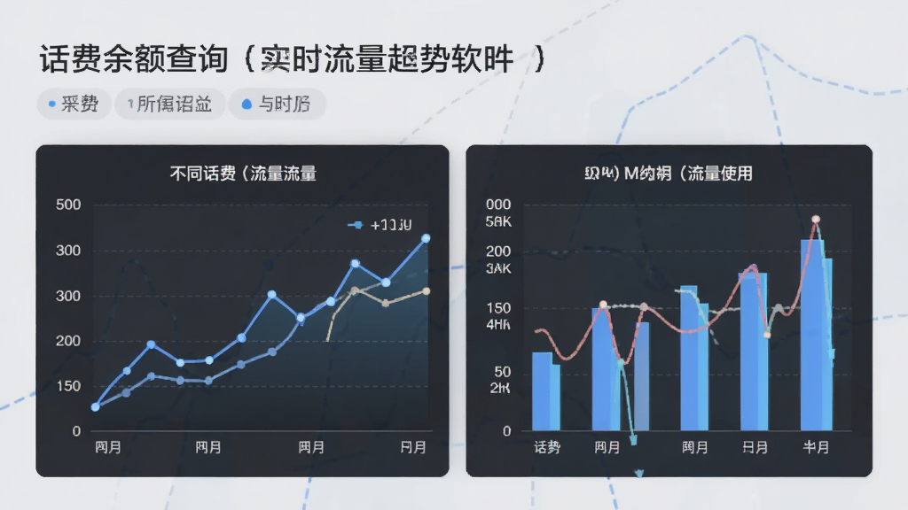 话费余额查询实时流量软件的历史账单页面,展示折线图和柱状图,图表显示不同月份的话费与流量使用趋势,界面风格商务简约,背景为浅灰色,文字清晰,画质干净