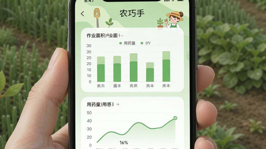 手机屏幕中展示“农巧手”的数据统计页面,页面中有柱状图和折线图,图表旁标注作业面积和用药量,背景为淡绿色渐变,插画风格,高清干净