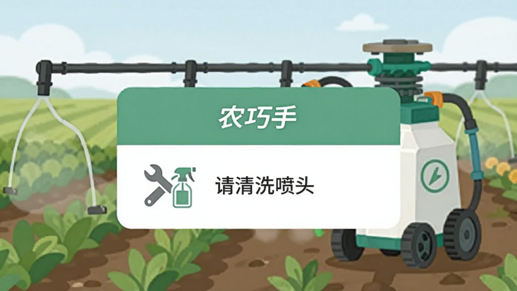 “农巧手”应用弹出维护提醒通知,通知框内有扳手和喷雾器图标,文字显示“请清洗喷头”,背景为农田和电动喷雾器,扁平化UI风格,高清画质,干净整洁