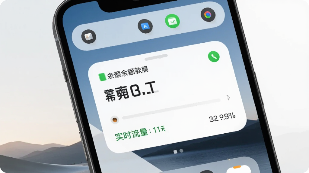 手机桌面展示话费余额查询实时流量软件的桌面小组件,小组件显示余额和流量数字,桌面背景为简约风景图,手机周围有通知栏快捷开关图标,画质清晰,风格现代