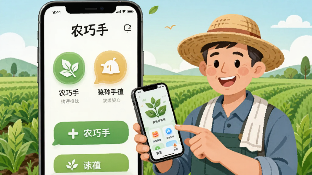 手机屏幕展示“农巧手”应用主界面,界面中有大号图标和文字按钮,一位农民手持手机微笑操作,背景为绿色田野,插画风格,高清干净,无多余元素