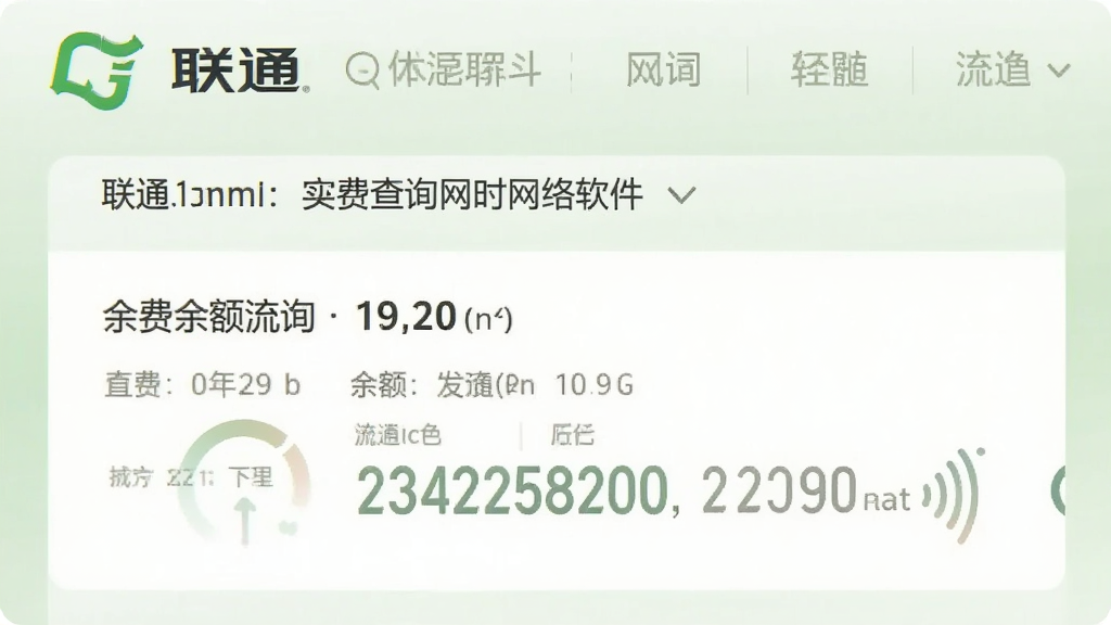 话费余额查询实时流量软件在联通网络下的查询结果页面,显示联通logo和余额流量数据,背景为浅绿色调,画质清晰,界面干净