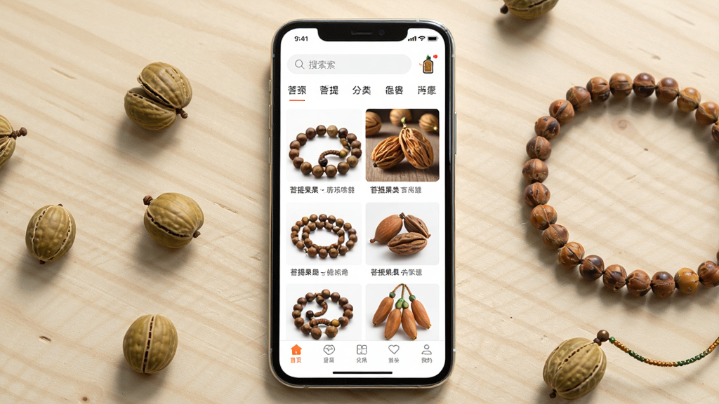 一张展示菩提果App界面的手机样机图,画面中央是一部竖屏智能手机,屏幕内显示菩提果App首页,页面上方有搜索栏和分类标签,中间是各种菩提子手串和原果的图片网格,底部有导航栏。手机周围散落着几颗真实的菩提果和一条盘玩过的菩提手串,背景是浅色木纹桌面,整体风格清新自然,光线柔和,画质清晰,干净无多余元素。
