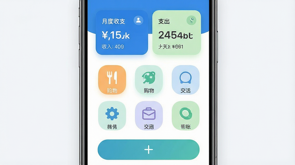 一张展示记账本手机应用界面的竖版手机样机图,画面中央是一部现代智能手机,屏幕上显示记账本APP的主界面,界面顶部有月度收支汇总卡片显示收入和支出金额,中部是分类图标网格包含餐饮购物交通等图标,底部是醒目的加号记账按钮,整体布局清晰整洁,风格为清新简约的扁平化设计,配色以蓝白为主搭配浅绿点缀,细节上图标圆润字体清晰,画质高清干净无多余元素,背景为纯白或极浅灰色。