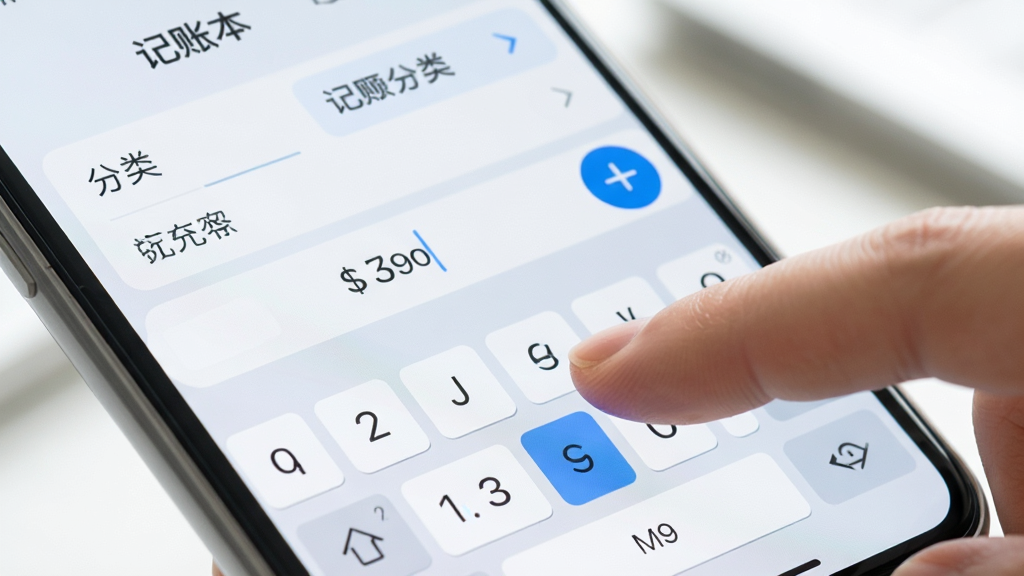 一只手指正在点击记账本APP界面上的加号按钮,手机屏幕显示金额输入键盘和分类选择面板,画面采用特写视角,风格为明亮清新的UI展示图,配色以白色和蓝色为主,细节上手指动作自然键盘按键清晰,画质高清干净,背景虚化无多余元素,图片中可带有