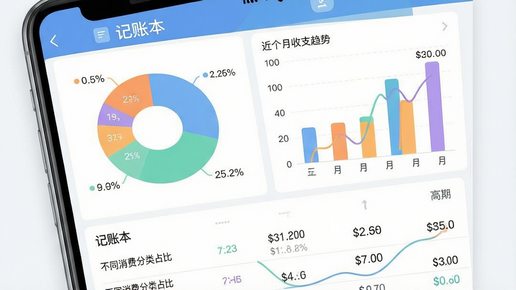 记账本APP的图表分析页面截图风格示意图,画面展示手机屏幕上有彩色饼图和柱状图,饼图显示不同消费分类的占比,柱状图展示近几个月的收支趋势,布局为上方图表下方数据列表,风格为现代扁平化数据可视化设计,配色使用蓝绿橙紫等柔和色调,细节上图表标注清晰数据线条流畅,画质高清干净无多余元素,图片中带有