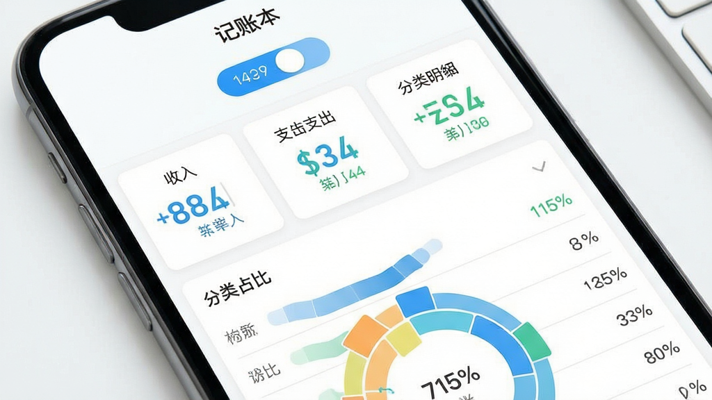 记账本APP月度报表页面示意图,手机屏幕展示月度收支汇总卡片和分类明细列表,顶部显示月份切换按钮,中部有收入支出结余三个数字卡片,下方是分类占比列表,风格为清爽简约的卡片式设计,配色以白色背景搭配蓝色和绿色数字,细节上数字清晰排版整齐,画质高清干净无多余元素,图片中带有