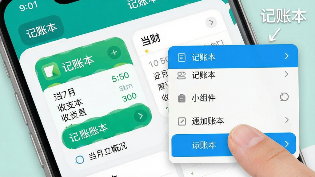 记账本APP在手机桌面添加小组件的操作示意图,画面展示手机桌面界面,桌面上有记账本的小组件显示当月收支概况,旁边有手指长按桌面弹出添加小组件的菜单,风格为简洁明了的操作指引图,配色以手机原生系统风格为主,细节上小组件内容清晰菜单选项可见,画质高清干净无多余元素,图片中带有
