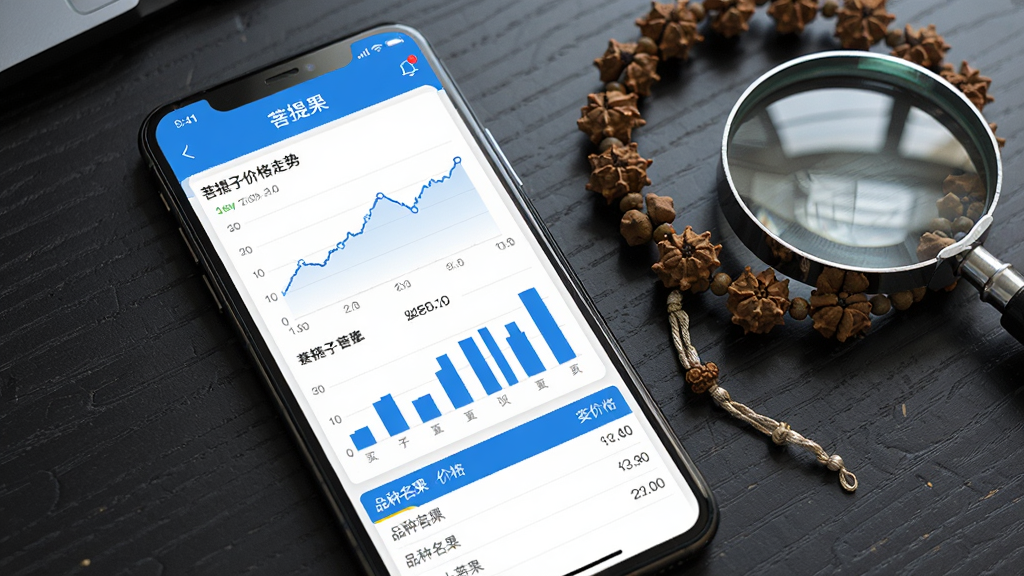 手机屏幕显示“菩提果”App的市场行情页面,页面内有折线图和柱状图展示菩提子价格走势,图表下方有品种名称和价格列表,界面配色以蓝色和白色为主,风格商务简洁,手机放置在深色桌面上,旁边有一串金刚菩提手串和放大镜,光线明亮,画质清晰,干净无多余元素。