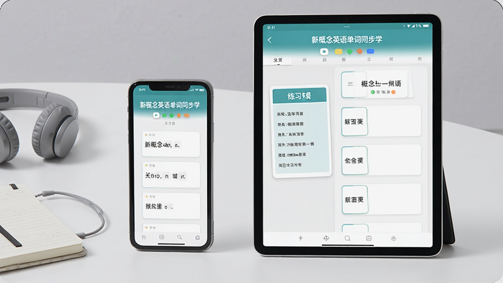 ����չʾһ���ֻ���һ��ƽ�岢�ŷ��������ϣ������豸��Ļ����ʾ���¸���Ӣ�ﵥ��ͬ��ѧ����ѧϰ���棬�ֻ���ʾ���ʿ�Ƭ��ƽ����ʾ��ϰģʽ���������ж����ͱʼǱ�������Ϊǳ��ɫ�����Ϊ�ִ������Ʒչʾ�磬ɫ����ˬ�����֡��¸���Ӣ�ﵥ��ͬ��ѧ���������豸��Ļ���������ʸ��壬����ɾ����޶���Ԫ�ء�
