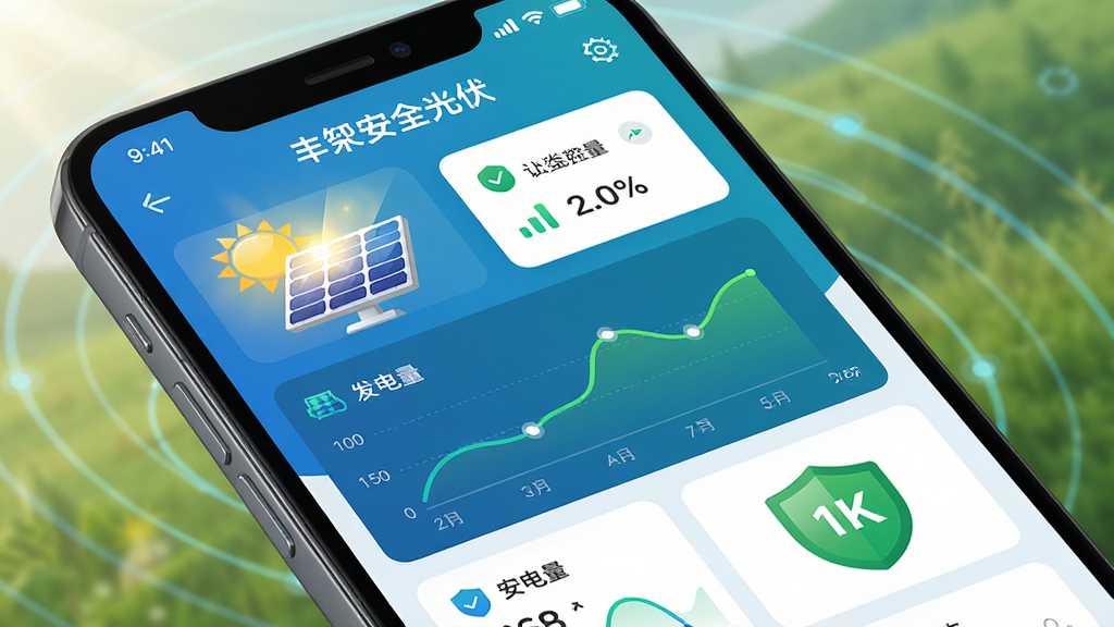 主体为一部智能手机,屏幕上显示着丰郅安全光伏APP的监控仪表盘界面,包含光伏板图标、发电量曲线和绿色安全盾牌标志;布局采用居中构图,手机微微倾斜展示屏幕内容;排版上APP界面元素清晰有序,数据卡片与图表错落有致;风格为现代科技感扁平化设计,蓝绿配色传递安全与环保理念;细节包括阳光照射在光伏板上的高光、简洁的图标和流畅的数据线条;画质为4K超高清,干净无多余元素。