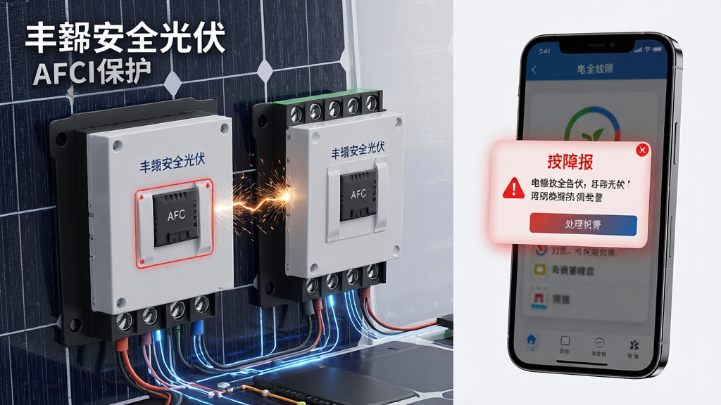 主体为一块光伏组件与一个智能AFCI保护器硬件,旁边悬浮着手机屏幕显示电弧故障告警弹窗;布局采用左右分栏,左侧为硬件特写,右侧为手机界面;排版上告警信息突出显示,红色警示图标醒目;风格为写实科技风,融合工业设备与移动应用场景;细节包括电弧火花的安全隔离示意、电路线条的科技光效、手机屏幕上的处理按钮;画质为高清渲染,干净无多余元素,画面中打文字“丰郅安全光伏”和“AFCI保护”。