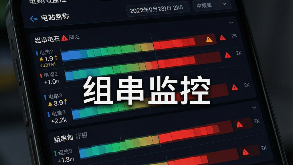主体为手机屏幕显示组串级监控界面,多路组串以条形图形式排列,部分组串标红告警;布局为纵向列表式,顶部有电站名称和日期筛选;排版上数据清晰,颜色区分明显;风格为简洁数据可视化风格,深色背景搭配亮色数据条;细节包括电流电压数值、组串编号、告警图标;画质为2K高清,干净无多余元素,屏幕中打文字“组串监控”。