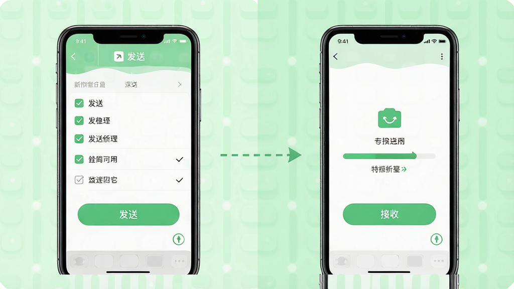 新旧手机互传助手操作流程界面图,画面分为左右两部分,左侧显示旧手机界面有“发送”按钮和勾选列表,右侧显示新手机界面有“接收”按钮和进度条,中间用虚线箭头连接,背景为浅绿色清新风格,布局左右对比排列,风格为手机UI展示图,细节包含图标和文字标注,画质高清,干净,无多余元素