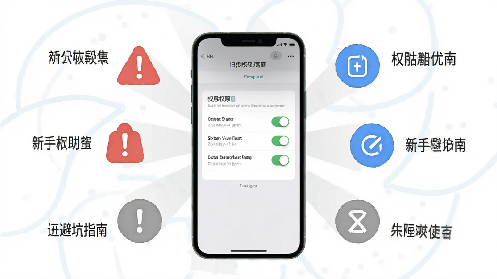 新旧手机互传助手新手避坑指南示意图,画面主体为一部手机屏幕显示权限设置界面,周围有红色警告图标、蓝色优化图标、灰色提示图标环绕,背景为白色简洁风格,布局中心放射排列,风格为扁平化信息图,细节包含权限开关和文字标注,画质高清,干净,无多余元素