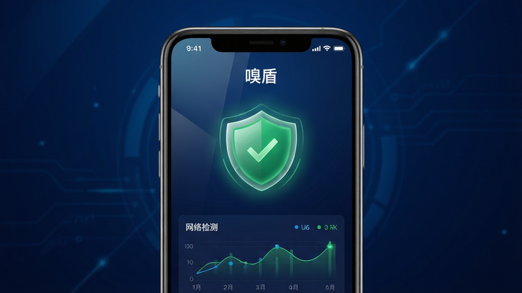主体为一部智能手机屏幕特写,屏幕上显示“嗅盾”APP的界面,界面中有绿色的安全盾牌图标和网络检测数据图表;布局采用居中构图,手机置于画面中央,背景为深蓝色科技感渐变;排版简洁清晰,突出手机屏幕内容;风格为现代科技风,干净利落;细节包括手机边框的金属质感、屏幕上的微光反射、盾牌图标带有呼吸灯效果;画质为4K超高清,干净无多余元素