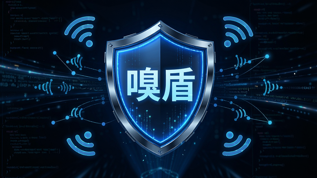 主体为一个发光的蓝色盾牌悬浮在由数据流组成的网络空间中,盾牌表面有“嗅盾”字样;布局为盾牌居中,四周环绕着代表Wi-Fi信号和移动数据的线条与节点;排版上文字位于盾牌中央,清晰醒目;风格为赛博朋克科技感,深色背景;细节包括数据流的光影效果、盾牌边缘的金属反光、背景中隐约可见的代码片段;画质为8K超高清,干净无多余元素
