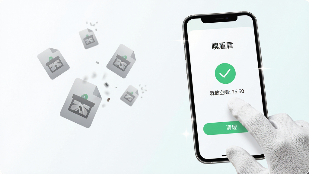 主体为一只戴着白色手套的手正在点击手机屏幕上的“清理”按钮,屏幕上显示“嗅盾”APP的清理完成界面,有绿色的对勾图标和释放空间的数据;布局为手和手机占据画面右侧,左侧留白处有漂浮的垃圾文件图标正在消失;排版上突出清理完成的成就感;风格为清新简约风,浅色背景;细节包括手套的纹理、手机屏幕的高光、垃圾文件图标的半透明效果;画质为4K超高清,干净无多余元素