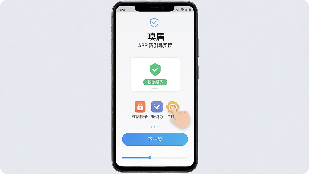 主体为一部安卓手机屏幕显示“嗅盾”APP的新手引导页面,页面上有权限授予的图示和“下一步”按钮;布局为手机居中,背景为柔和的浅灰色;排版清晰,文字大小适中;风格为扁平化设计,简洁明快;细节包括手机屏幕上的手指点击动画、权限图标的彩色标识、页面底部的进度条;画质为4K超高清,干净无多余元素