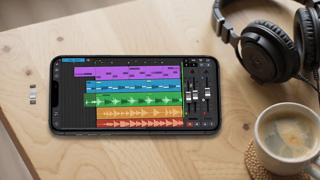 һ���ֻ�����չʾ������������վ(FL Studio Mobile)�Ķ�����������棬��Ļ�������Ŷ�����ɫ���죬ÿ����������������Ͳ��Σ��Ҳ��л������ӡ��ֻ�������һ������ľ�������ϣ��Ա���һ������������һ�����ȡ�����Ϊ�ֻ�����ƫ�󣬶����Ϳ��ȱ����Ҳ��γ�ƽ�⡣���Ϊдʵ��Ʒ��Ӱ��񣬹��������Ȼ��ϸ������Ļ����������������ɫ���������ӽ����ʸ����ԡ�����Ϊ����4K������ɾ����޶���Ԫ�ء�