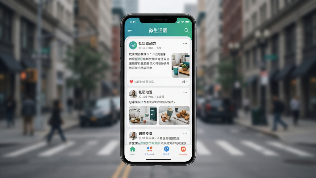 一张展示“微生活圈”APP首页界面的手机预览图,画面中央是手机屏幕,屏幕内显示着社区动态信息流和功能图标,背景是模糊的城市街景,布局居中对齐,风格现代简约,细节清晰,画质高清,干净,无多余元素