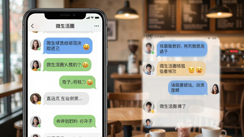 一张展示“微生活圈”社交聊天界面的图片,画面中有多个用户头像和对话气泡,气泡内包含文字和表情,背景是温馨的咖啡馆场景,布局为左右对话式,风格亲切自然,细节包括手机界面元素,画质清晰,干净,无多余元素
