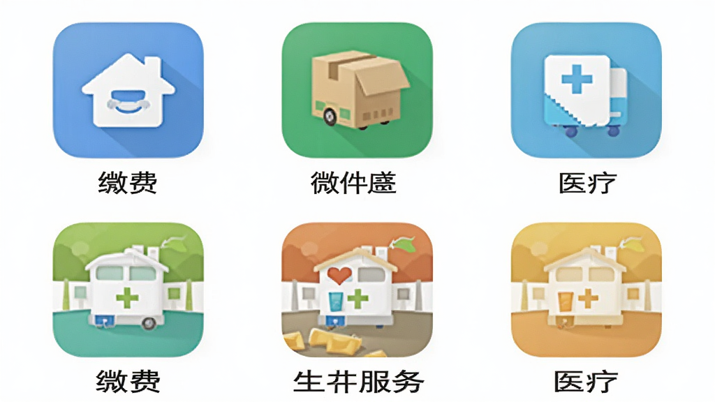 一张AI生成的图片,主体是“微生活圈”APP内的便民服务九宫格图标界面,图标包括缴费、快递、医疗等,布局为整齐的网格状,风格扁平化设计,细节清晰,画质高清,干净,无多余元素