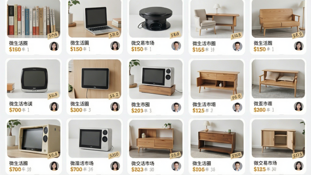 一张展示“微生活圈”二手交易市场的图片,画面中有各种闲置物品如书籍、电子产品、家具的缩略图,布局为瀑布流式,风格清新明亮,细节包括价格标签和用户头像,画质清晰,干净,无多余元素
