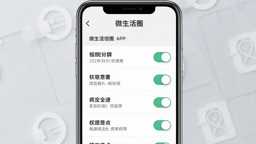 一张AI生成的图片,主体是“微生活圈”APP的权限设置界面截图,画面中清晰显示各项权限开关,布局为列表式,风格简洁明了,细节包括开关按钮和文字说明,画质高清,干净,无多余元素
