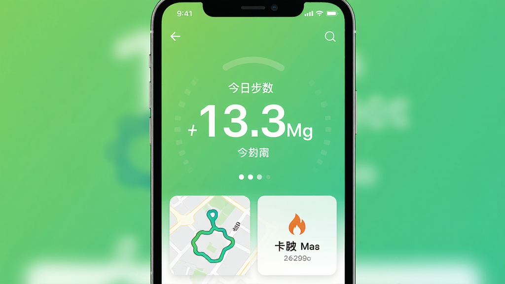 天天出来走 手机应用主界面 中央显示今日步数大数字 下方有运动轨迹小地图和卡路里消耗图标 背景为清新渐变绿色 布局简洁 扁平化风格 细节清晰 画质干净 无多余元素