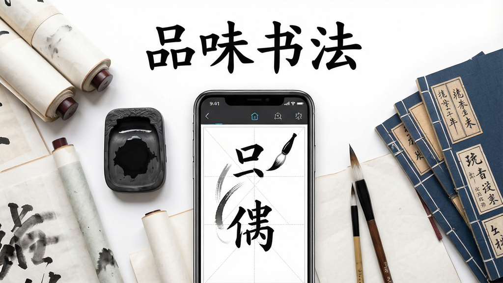 һ��չʾƷζ�鷨App���Ĺ��ܵ�����ͼ��������һ�������ֻ����������ڻ������룬��Ļ����ʾ�鷨��ϰ���棬�������ָ�ë�ʱʻ��켣�Ϳ����������ֻ���Χ������չ������ֽ���ᡢë�ʡ�ī���뼸����װ���������ֲ��þ��й�ͼ���Ϸ����״�д�С�Ʒζ�鷨���ĸ����֣��Ű���󷽣����Ϊ�й�����Ƽ����ںϣ�ϸ����ī����Ȼ��Ⱦ������UI���������ʸ��壬�ɾ����޶���Ԫ�ء�