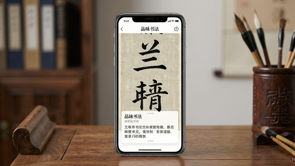 һ���鷨�������������ͼƬ������Ϊһ�������ֻ�������ʾ��Ʒζ�鷨��App�ı�������ҳ�棬��Ļ��չʾ����֮����ͤ�򡷵ĸ���ֲ����·������ֽ����Ƭ���ֻ������ڷ¹��鰸�ϣ��������黯����ܺͱ�Ͳ�����ֲ������Ĺ�ͼ�����ŵ����£�ϸ���ϱ������������������Ű湤�������ʸ��壬�ɾ����޶���Ԫ�ء�