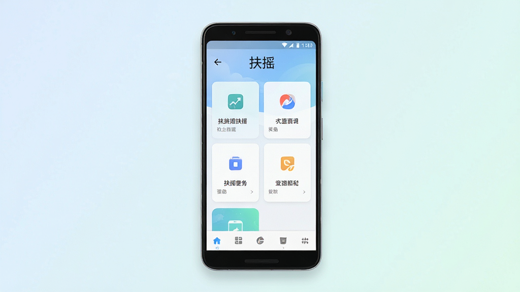 一张手机应用界面展示图,画面中央放置一部安卓手机,手机屏幕上显示“扶摇”应用的主页界面,界面布局简洁,顶部有“扶摇”文字标识,中部为功能卡片式排列,底部为导航栏,背景为浅色渐变,整体风格清新现代,细节清晰,画质干净,无多余元素
