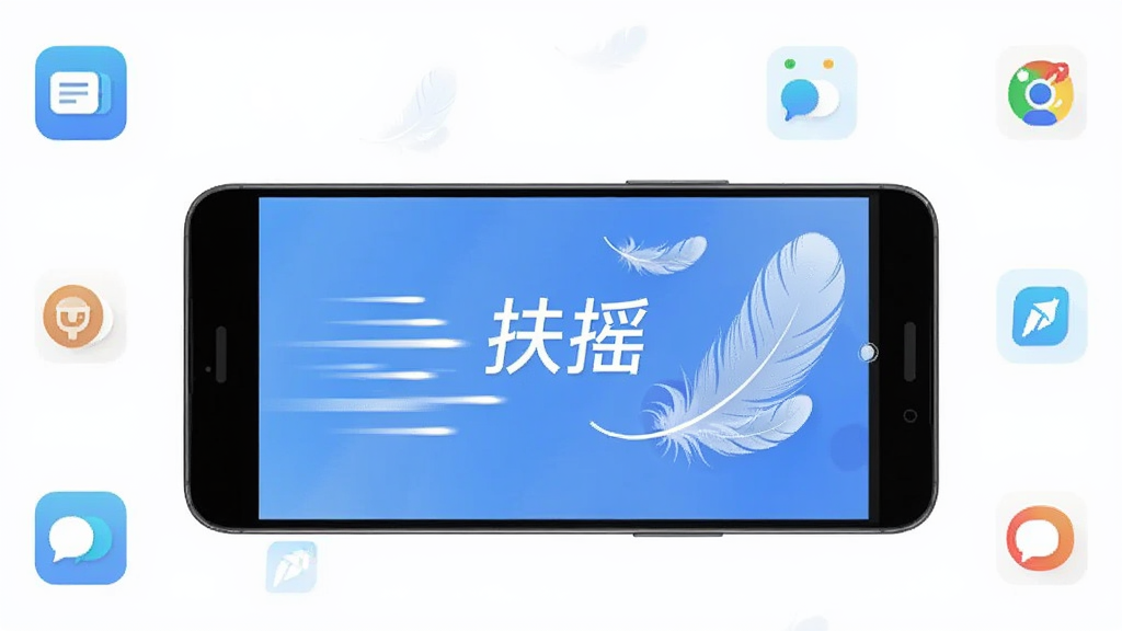 一部安卓手机屏幕显示“扶摇”应用运行流畅的界面,画面中有速度线条和轻盈的羽毛元素,象征轻量与流畅,手机周围有简洁的图标点缀,风格现代清新,布局居中,画质清晰,干净无多余元素