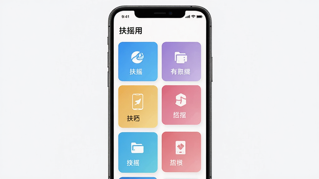 一部手机展示“扶摇”应用的功能分区界面,画面中不同功能模块以彩色卡片形式排列,卡片上有简洁图标和文字标签,整体布局整齐有序,风格清爽,画质干净,无多余元素