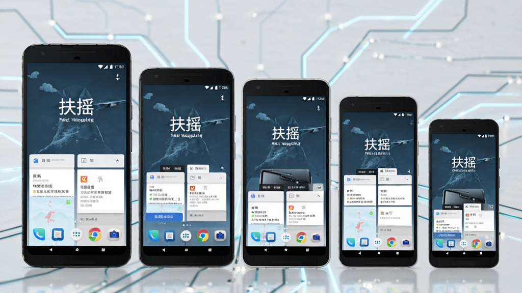 多部不同尺寸的安卓手机并排展示“扶摇”应用界面,每部手机屏幕上都显示适配良好的应用页面,背景为简洁的科技感线条,风格专业,画质清晰,无多余元素