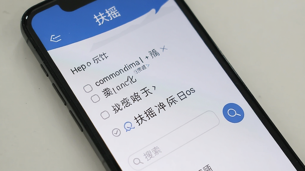 一部手机屏幕显示“扶摇”应用的帮助与反馈页面,页面中有常见问题列表和搜索框,旁边有放大镜图标,风格简洁实用,布局清晰,画质干净,无多余元素